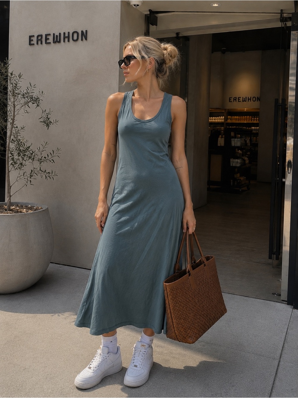 Athleta Essential Midi Scoop Tank Dress Slate Blue Grey Size M Supima